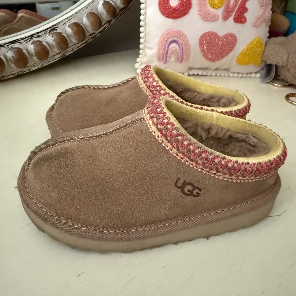 UGG Tan Slippers with Pink and Yellow Accents